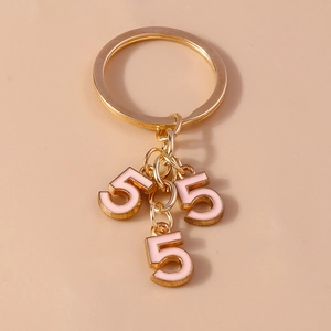 Creative golden keychain with pink enamel number 5 charms for bags and keys