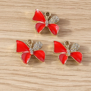 Three red enamel butterfly pendants with sparkling rhinestones for DIY jewelry making