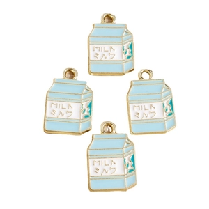 Set di 4 ciondoli a forma di cartone del latte in smalto bianco e blu con cornice dorata