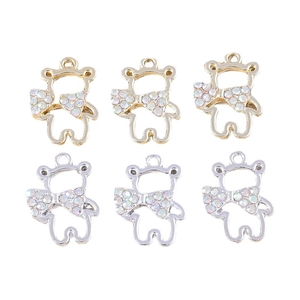 Cartoon bear jewelry pendants in gold and silver finish with rhinestone bows for DIY crafts