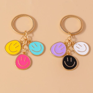 Enamel Smiling Face Keychain Gold Alloy Round Smile Charms Key Ring Pendant For Women Kids Bag Accessories Birthday Gift
