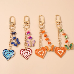 Fashion Zinc Alloy Butterfly Heart Keychain With Colorful Stone Beads Enamel Pendant Bag Charm For Women Girls Gift