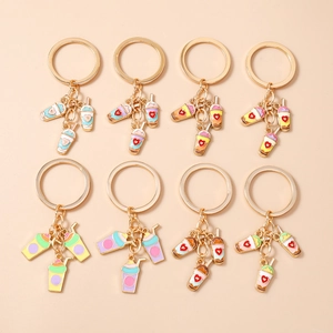 Cute Milk Tea Drink Cup Enamel Keychain With Heart Pattern Gold Alloy Pendant Bag Accessory For Women Girls Gift Key Ring