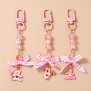 Sweet Pink Beaded Heart Bear Keychain Girly Plaid Bow Bag Charm Zinc Alloy Acrylic Keychain Jewelry For Women Backpack Decor Gift