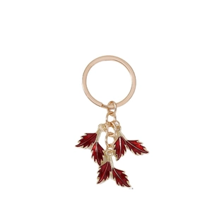 Fashionable gold key ring with five dark red enamel maple leaf charms on a chain