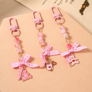 Pink beaded heart keychain set with love pendant, bow knot and cute bear charms