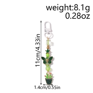 Détail d'un porte-clés perlé vert avec breloque cactus et dimensions en pouces