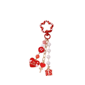 Fashionable red beaded keychain with heart charms, gift box pendant, and white pearls
