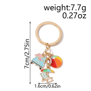 Detail view of summer beach keychain with size specs 7cm length and enamel charms