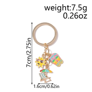 Detail view of summer keychain with size specs of sun and flip-flop enamel charms