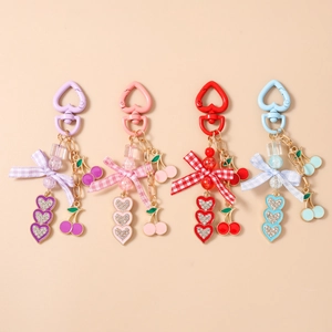 Sweet Cherry Heart Alloy Keychain Rhinestone Bowknot Plaid Ribbon Fruit Bag Pendant Keychain For Women Girl Gift Key Ring