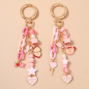 Pink Sweet Beaded Heart Star Keychain For Women Zinc Alloy Artificial Pearl Acrylic Bag Charm Romantic Hanging Pendant