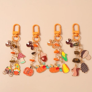 Autumn Harvest Squirrel Pumpkin Mushroom Metal Keychain Zinc Alloy Enamel Bag Charm For Women Thanksgiving Gift Accessories