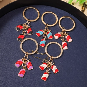 Five-piece set of stylish mini cola can pendants with golden alloy keychains and charms