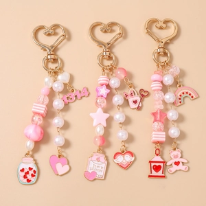 Cute Pink Beaded Keychain For Women Zinc Alloy Heart Clasp Bag Pendant With Artificial Pearl Bear Rainbow Star Charms Valentine Gift