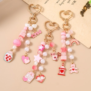 Star beaded keychain set with rainbow charms and heart pendants for bags and keys