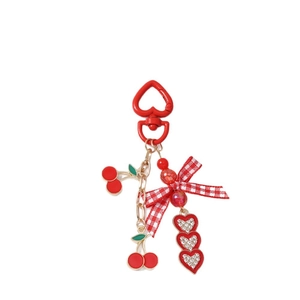 Fashion red cherry keychain with heart charms and checkered bow for bag decoration