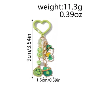 St. Patrick's Day keychain detail with green beads and lucky clover charms measurements