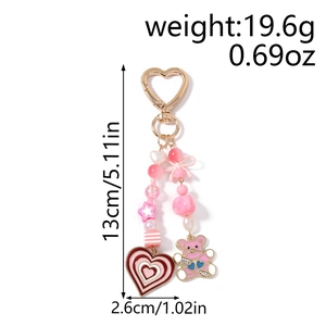 Pink heart bear beaded keychain dimensions showing weight 19.6g and length 13cm for bags