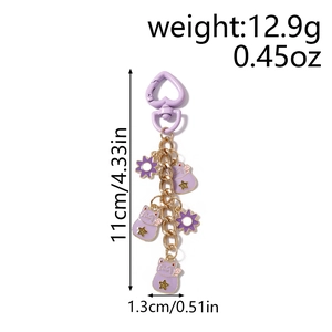 Detailed view of purple lucky cat keychain with heart clip and 11cm height measurement