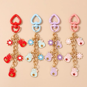Cute Lucky Cat Maneki Neko Keychain For Women Heart Shaped Enamel Zinc Alloy Bag Pendant Flower Charm Gift Accessories
