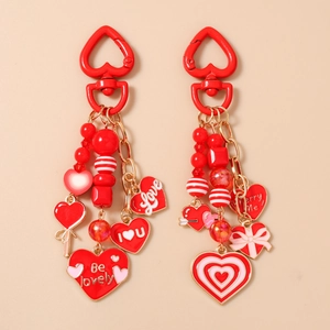 Fashion Red Heart Keychain Zinc Alloy Beaded Bag Charm Romantic Love Letter Pendant Valentine Day Gift For Women Jewelry