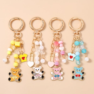 Mode Mignon Dessin Animé Émail Ours Porte-clés Avec Perles Colorées Perle Artificielle Pendentif Cœur Pour Femmes Filles Sac Accessoire