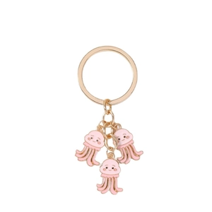 Simpatico portachiavi a forma di medusa rosa con anello dorato e ciondoli a cartone