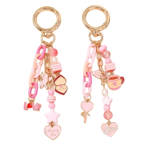 Pink beaded star and heart keychains with gold metal rings for handbags