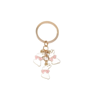 Porte-clés lapin mignon avec anneaux dorés et breloques lapin blanc et nœuds roses
