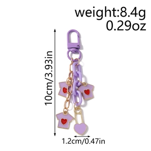 Detail showing dimensions of purple chunky chain keychain with heart shirt pendants