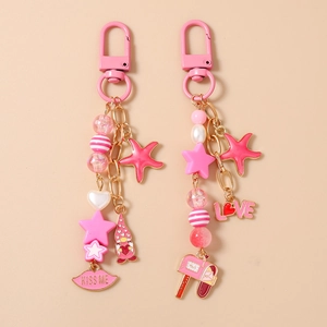 Sweet Pink Beaded Starfish Star Lips Keychain Mailbox Love Heart Gnome Bag Pendant Alloy Resin Beads Key Ring For Girls