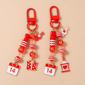 Valentine's Day Red Beaded Keychain Zinc Alloy Heart Love Calendar Pendant Bag Charm Fashion Jewelry Romantic Gift For Women