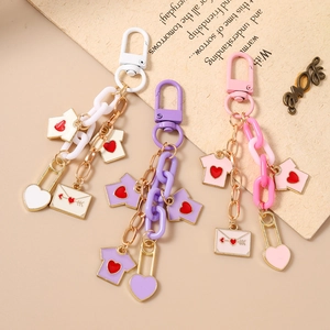Fashion thick chain heart keychain with envelope and safety pin charms in three colors