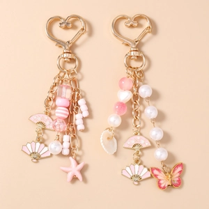 Sweet Girly Heart Starfish Shell Butterfly Fan Keychain Gold Alloy Beaded Bag Pendant Jewelry With Artificial Pearl