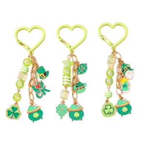St. Patrick's Day beaded keychain set with green lucky clover charms and gold metal chain