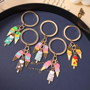 Porte-clés crème glacée coloré en alliage doré avec pendentifs roses et violets