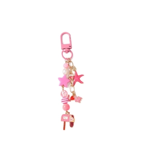 Pink beaded star and mailbox keychain with gold chain and heart charm for bags