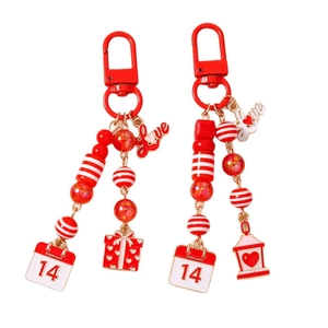 Valentine's Day red striped beaded keychain with Love heart and February 14 calendar