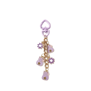 Purple Maneki Neko lucky cat keychain with heart clip and star charms on white background