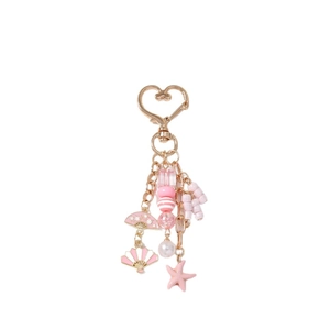 Fashionable pink starfish shell keychain with heart clasp and elegant fan bead charms