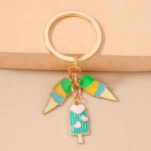 Détails de pendentifs de glace en émail coloré et de popsicle à cœur sur porte-clé doré