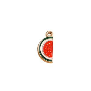 Vibrant watermelon slice pendant with red enamel, golden seeds and green rind for DIY jewelry