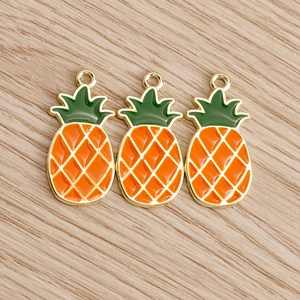 Three enamel pineapple charms with gold metal edges for DIY jewelry making