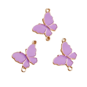 Three gold purple butterfly enamel connectors for DIY jewelry necklace making