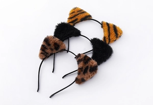 Three-piece plush cat ears headband set featuring leopard, tiger, and black patterns