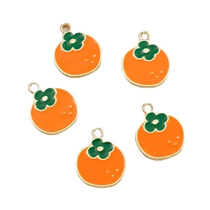 5pcs orange persimmon enamel pendants with gold alloy edges and green leaf detail for DIY jewelry