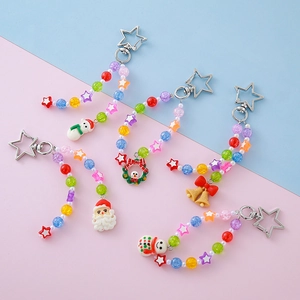 Christmas Beaded Keychain With Santa Snowman Bell Star Alloy Clasp Cartoon Festive Acrylic Beads Bag Charm For Kids Women Gift