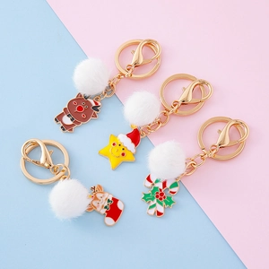 Porte-clés en Alliage d'Émail sur le Thème de Noël Avec Pompon en Peluche Blanc Père Noël Renne Arbre de Noël Cloche Pendentif