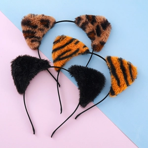 Plush Animal Cat Ears Headband Leopard Tiger Pattern Hair Hoop Faux Fur Headwear For Party Halloween Cosplay Girls Accessories